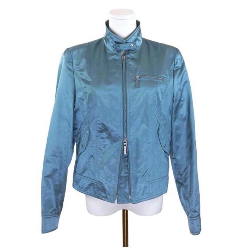 Vintage Apanage Women's Teal Satin Bomber Moto Jacket